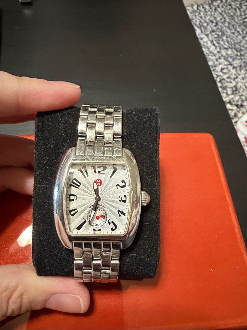 Michele Silver Stainless Steel Watch with White Dial and Red Accent